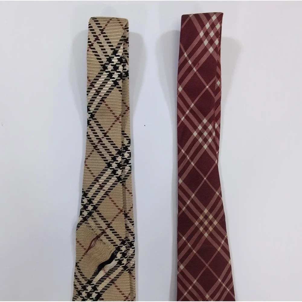 Burberry Mens Neckties Lot 2 OS Tan Red Nova Check Silk AS IS Craft Repair